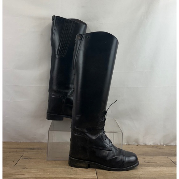 Devon Aire Black Leather Tall Riding Boots Lace Up Zip Back Women Size 7 - Picture 2 of 11